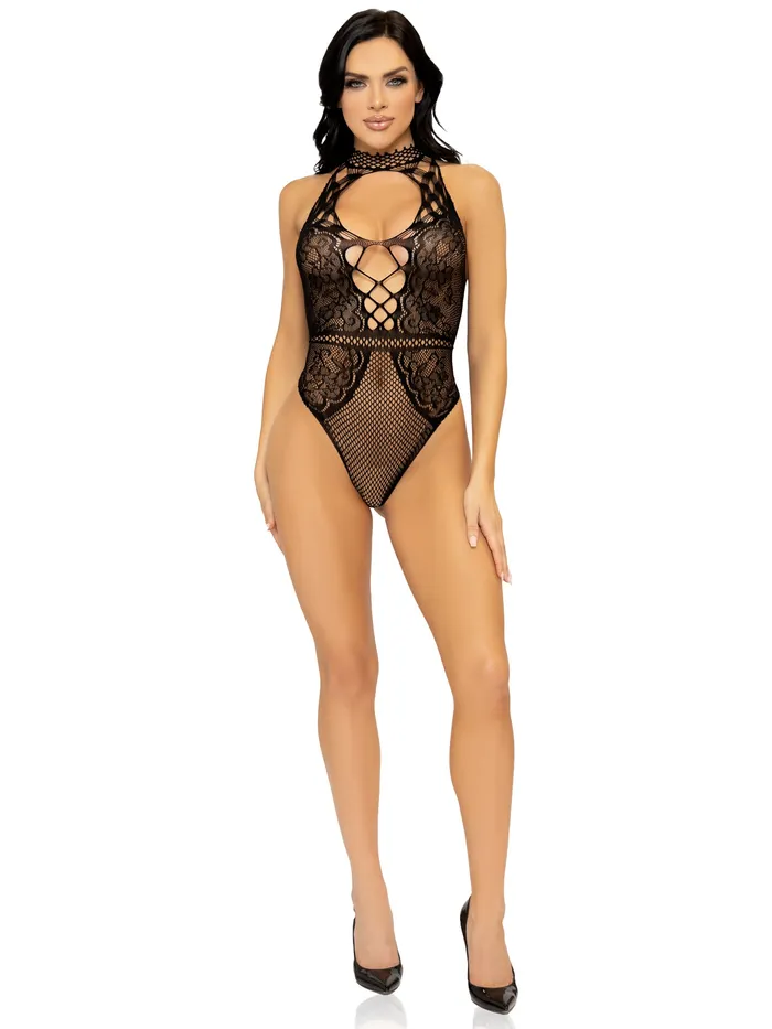 Net and Lace Keyhole Halter Bodysuit One Size Black Leg Avenue Teddies And Bodies