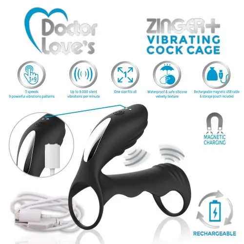 Doctor Love Zinger Vibrating Rechargeable Cock Cage Black Doctor Love Male Sex Toys